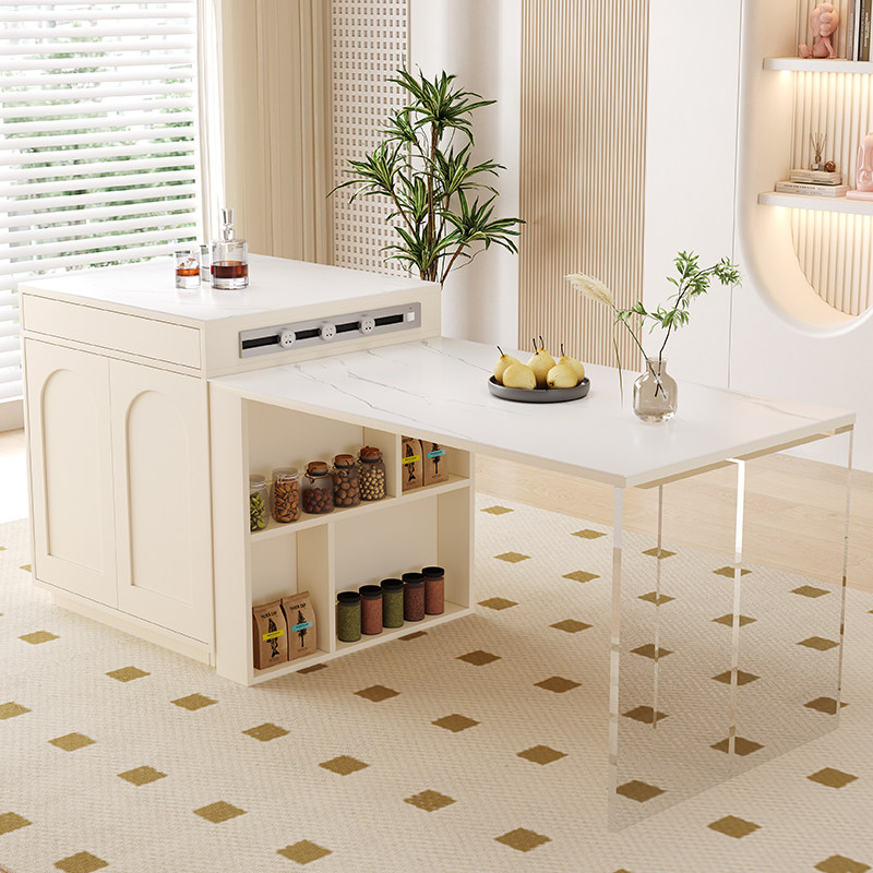 极速奶油风岛台餐桌m家用轻奢岩板吧台柜带电磁炉可移动餐柜茶水,淘宝优惠券,粉丝福利购,淘宝优惠卷