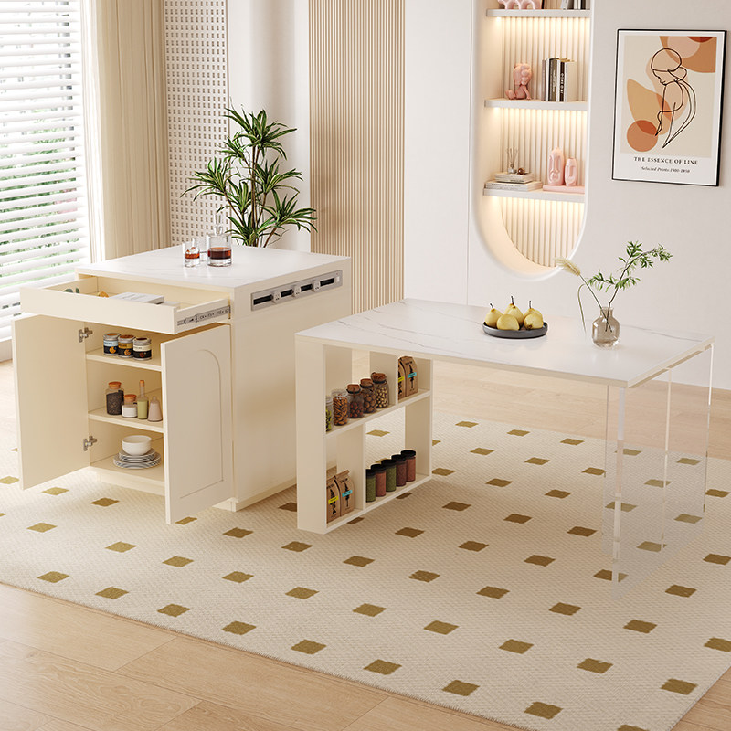 极速奶油风岛台餐桌m家用轻奢岩板吧台柜带电磁炉可移动餐柜茶水,淘宝优惠券,粉丝福利购,淘宝优惠卷