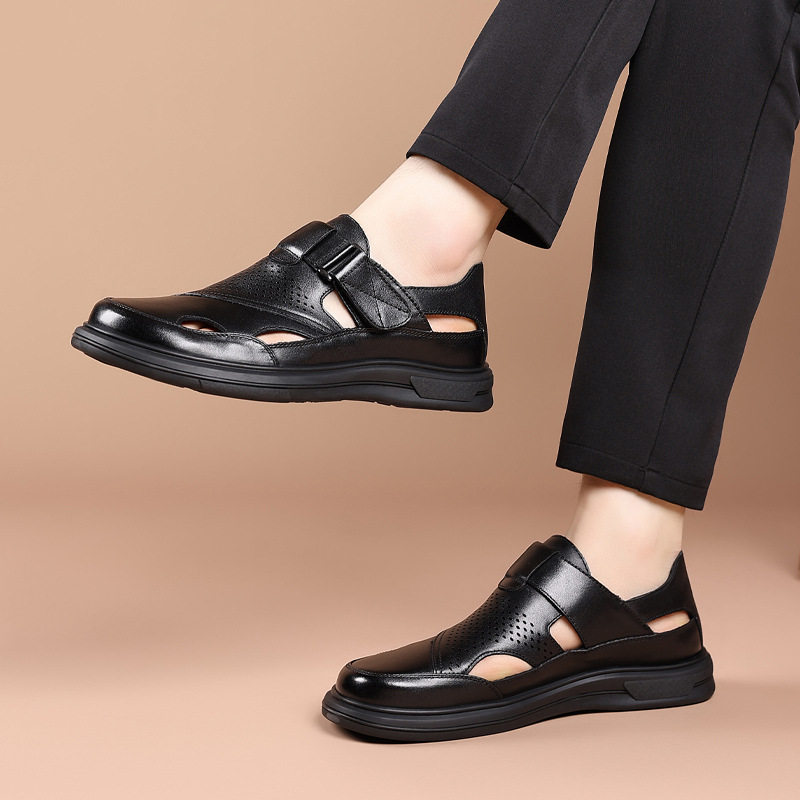 镂空鞋子男士休闲鞋真皮软皮防滑中年人爸爸鞋一脚头层牛皮男凉鞋,淘宝优惠券,粉丝福利购,淘宝优惠卷