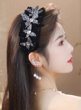 轻奢水钻蝴蝶发箍女黑色丝绒