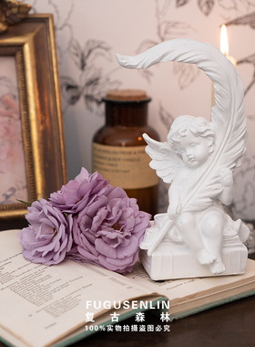 新品复古森林欧式白色可爱天使羽毛树脂书L橱摆件家居装饰道具样