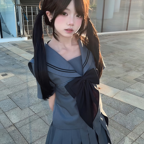 原创正版日系灰二本水手服jk制服短袖灰色套装校供感衬衫学生服女 - 图2