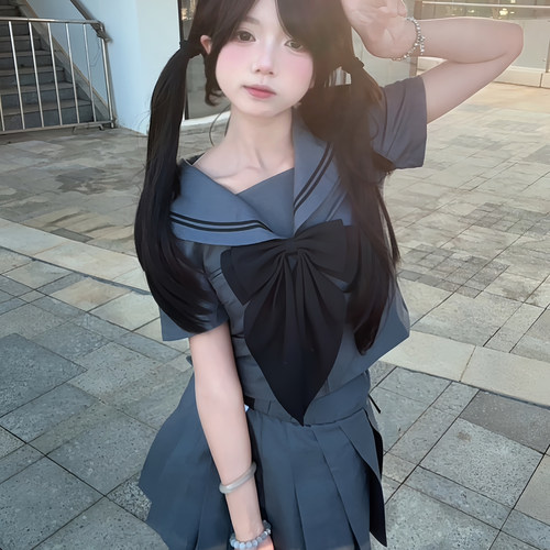 原创正版日系灰二本水手服jk制服短袖灰色套装校供感衬衫学生服女 - 图0