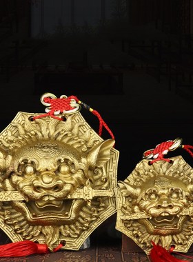 速发咬剑狮睚口兽吞眦吊坠摆件剪刀开剑尖角兽头瑞狮纯铜狮咬口牌