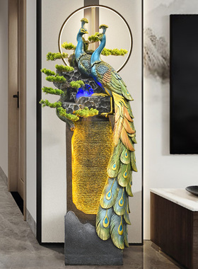 极速MD新中式客厅电视柜摆件招财流水喷泉室内景观仿真Y孔雀迎客