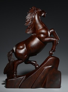 速发黑檀木雕马摆件实木马到红功成木雕刻十二生肖马布局客厅装饰