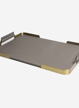 速发简件欧式轻奢古铜色黑拉丝金属皮质托盘摆约饰板房售楼处样品