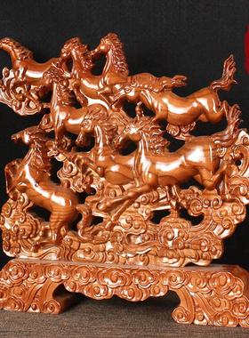 桃木马摆件木雕八骏雄风图马上成功招财木质客厅办公室装饰工艺品