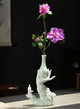 青瓷佛手花瓶摆件家居客厅玄关禅意茶室陶瓷花瓶插桌面装饰工艺品