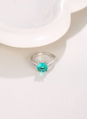 时尚简约款蓝绿色玻璃可调节开口指环戒指女小众高级感轻奢食指戒