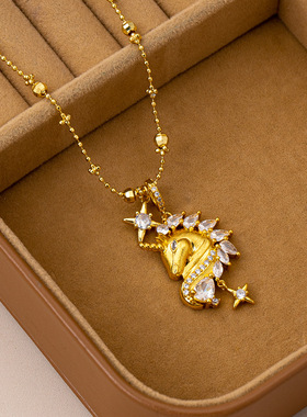 新款小众轻奢感以梦为马·独角兽造型拉丝钻项链时尚气质颈链