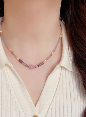 法式轻奢百搭紫色串珠项链精致时尚简约独特设计高级感锁骨链配饰