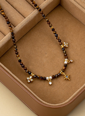 气质叠带天然石虎眼串珠太阳神芒星吊坠项链女轻奢小众设计锁骨链