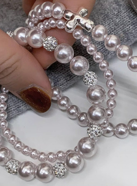 曼塔玫瑰粉紫色珍珠手链串珠轻奢感弹力绳手串女钻球串珠手饰