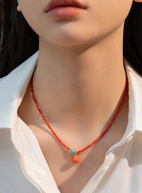 柿柿如意红天然石串珠项链配饰女新中式国风锁骨链高级感颈链饰品
