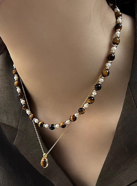 法式复古叠戴虎眼石项链女款感锁骨链轻奢小众设计感颈链饰品