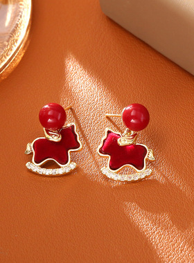 马上好运红色植绒锆石吊坠项链新国潮生肖小马红珠子新年款耳钉女