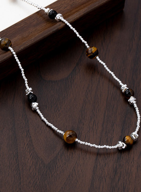 新款虎眼石碎银串珠拼接项链美拉德复古百搭锁骨链设计感小众项饰