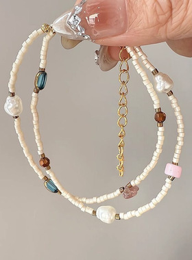 天然淡水珍珠小米珠彩色石串珠手链女双层叠戴设计感小众精致手饰