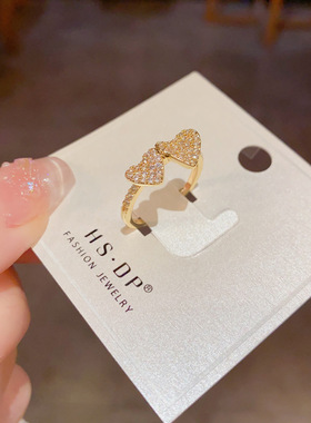 小众精致时尚百搭锆石双爱心开口戒个性轻奢简约独特设计感指环女