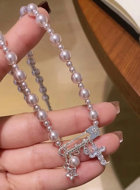 别针十字架曼塔玫瑰珍珠项链女小众配饰毛衣链秋冬轻奢感饰品