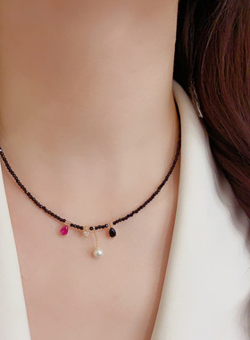 法式复古黑水晶水滴珍珠流苏项链气质时尚简约独特设计感锁骨链女
