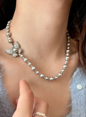 蝴蝶珍珠颈链项链女配饰秋冬毛衣链感轻奢小众锁骨链串珠饰品