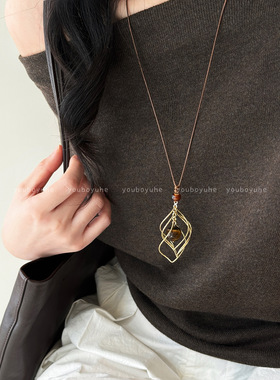 美拉德金色虎眼石长款吊坠项链女款秋冬轻奢感毛衣链装饰配饰