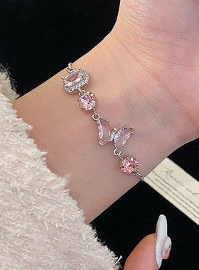 方糖粉色冰透蝴蝶可抽拉手链女甜美设计感清新气质百搭小众手饰