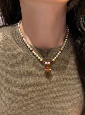 天然石葫芦珍珠项链配女小众串珠毛衣链轻奢感新中式颈链饰品