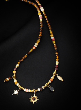 天然石串珠项链配饰女款锁骨链轻奢毛衣链秋冬感复古钛钢颈链