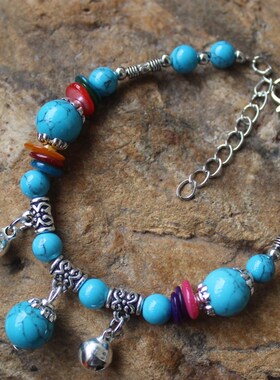 极速云南特d色铃铛手串民族风手工饰品复古本命年红色松石手链女Q