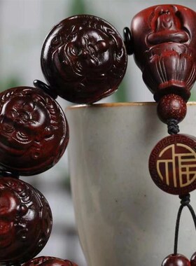 新品印尼小叶紫檀雕刻财神弥勒佛手串25Imm紫檀木转运招财单圈佛