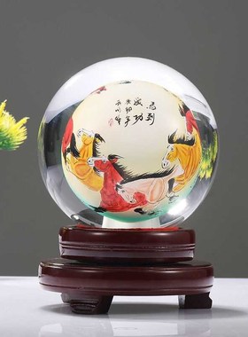 富贵牡丹内画水晶球摆件送商务礼品结J婚礼物家居客厅装饰品摆件