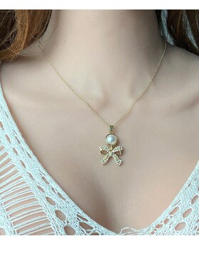 极速欧美跨境优雅k气质蝴蝶结珍珠镶钻套装项链耳针 精致饰品女 F