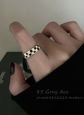 极速2021年新款棋盘格开口戒指B女秋冬小众设计ins嘻哈网红食指戒