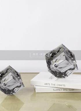 现代轻奢灰色方形水晶摆件样板房客厅书柜桌面咖色方块创意装饰品