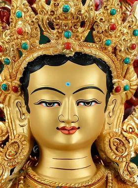 尼泊尔手工《绿度母》全鎏金雕花《度母》室内家用桌面铜像摆件