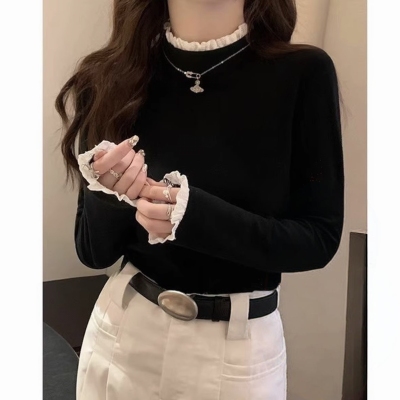 花边拼接半高领打底衫女秋冬双面磨毛修身设计感针织衫内搭ak