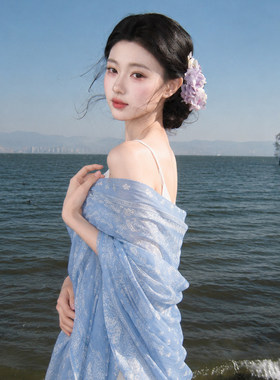 云南旅游蓝棉麻防晒披肩丝巾女