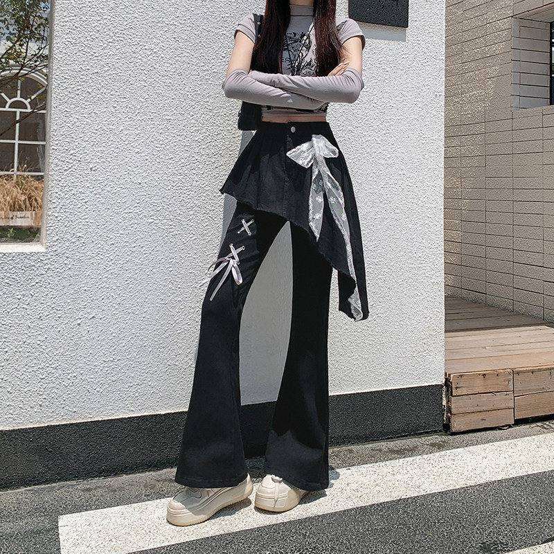 美式设计感蕾丝腰带假两件裙裤女2025秋季新款破洞毛边微喇牛仔裤,淘宝优惠券,粉丝福利购,淘宝优惠卷