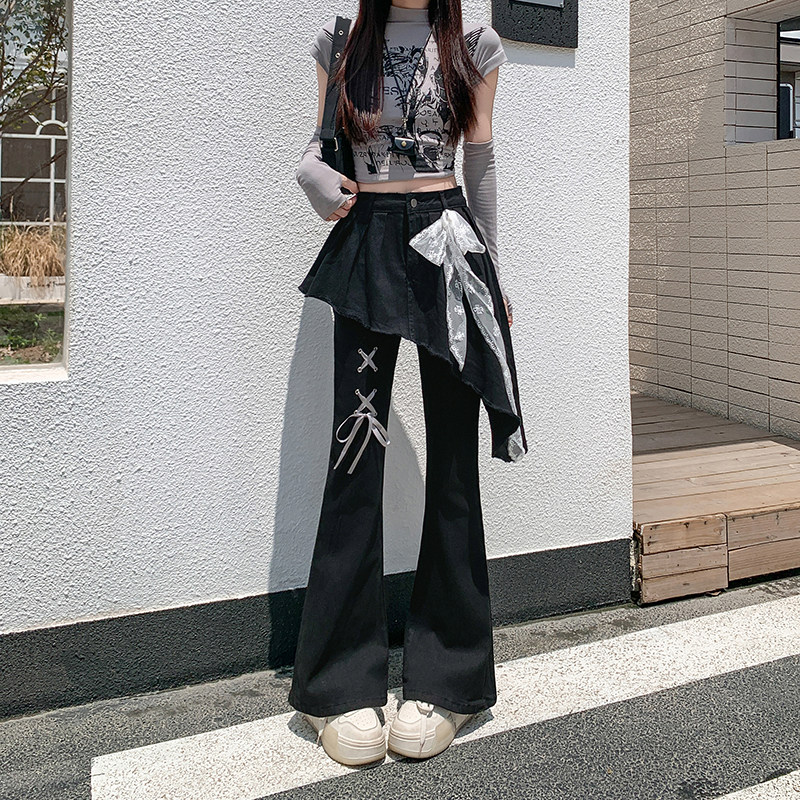 美式设计感蕾丝腰带假两件裙裤女2025秋季新款破洞毛边微喇牛仔裤,淘宝优惠券,粉丝福利购,淘宝优惠卷