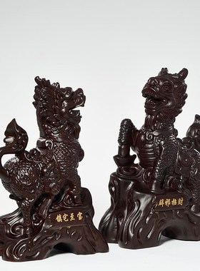 极速黑檀木雕麒麟摆件实木雕刻一对瑞兽红木家居T客厅茶宠办公室