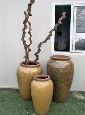 新品手工釉复古土陶罐粗陶缸花盆落地组合别墅景观U软装饰摆件陶