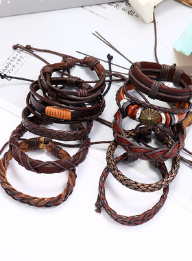 极速复古diy组合套装牛皮手錬简约多层欧美V男士饰品跨境