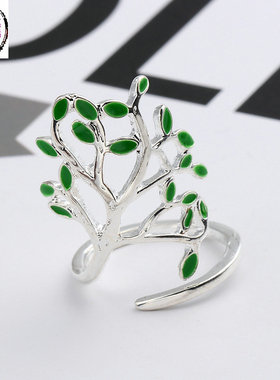 极速尽兴商行个性银n饰戒指  大树戒指女森林系复古做旧滴釉树叶