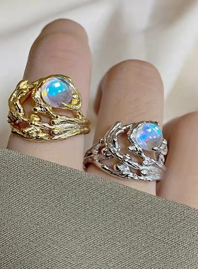 极速MM日韩女生开口戒指s可调节锆石不规则褶皱树枝夜光石金银色