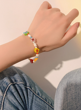 极速彩色琉璃花朵串珠手链女夏iBns小众设计天然珍珠闺蜜手串手镯
