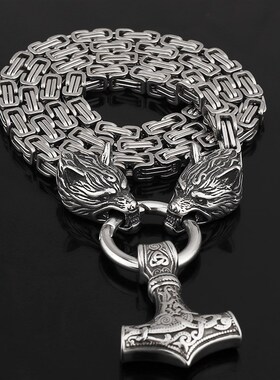 极速Wolf dHead Mens Necklace Celtic Wolf Head Thors Hammer