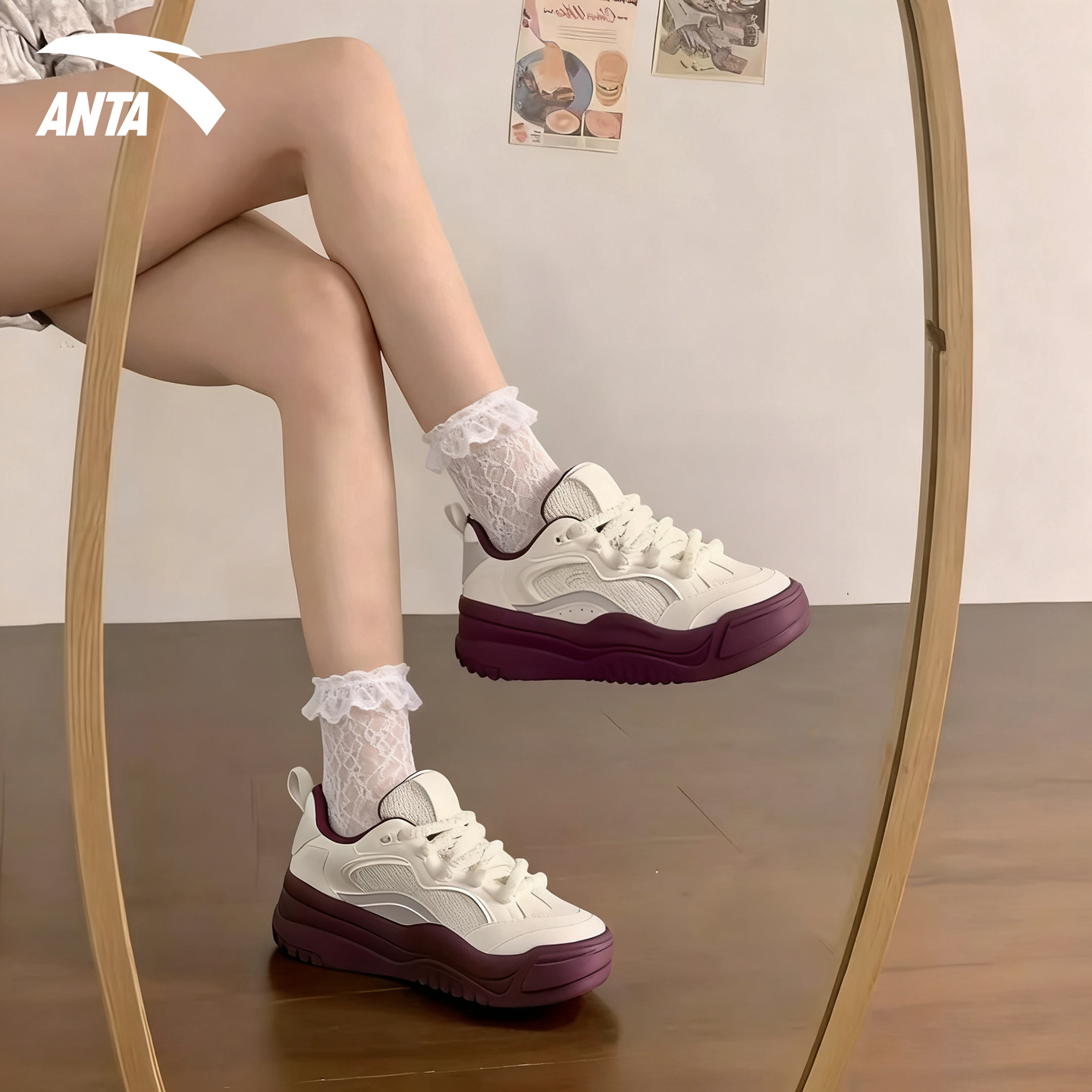 安踏女鞋板鞋2025新款波浪鞋超轻厚底增高运动百搭初中学生休闲鞋 - 图0